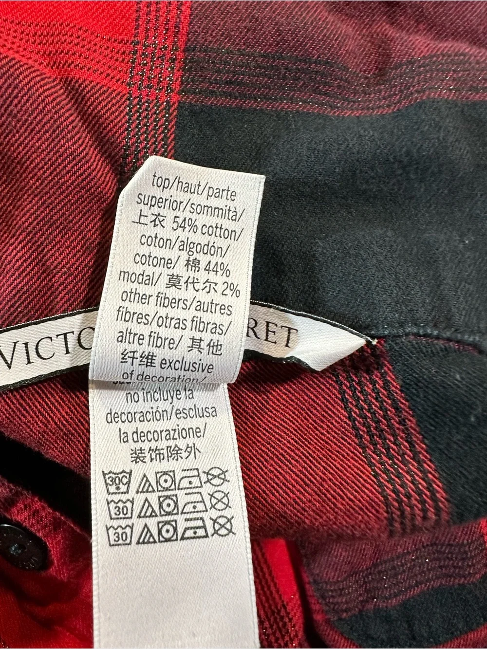 Victoria’s Secret Plaid Pajama Top XS Red Black Buffalo Check Sleep Shirt